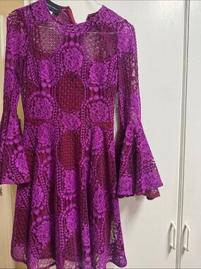 Donna Morgan Fuchsia Lace Long-Sleeve Fit & Flare Dress